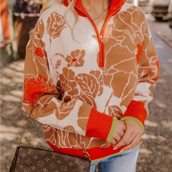 Impressions Floral Patterned Zip-Up Sweater - Orange and Brown Sz L - Picture 4 of 7